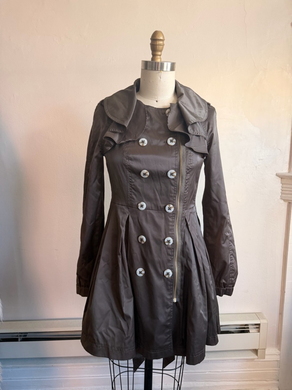 elevenses Dark Gray Double-Breasted Ruffle Trench Coat